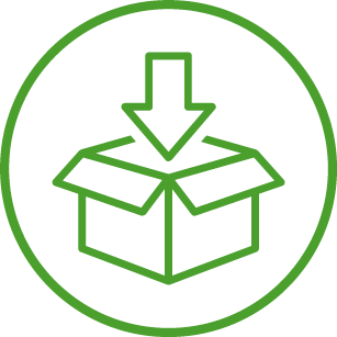 Icon einer offenen Box mit Pfeil nach unten, symbolisiert Verpackung und Versand