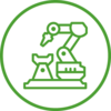 Grünes Icon eines Industrieroboterarms im Kreis, Symbol für Maschinenautomatisierung und Sicherheitssteuerung.