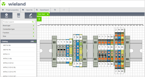 Screenshot des selos PLAN Konfigurators mit montierter Klemmleiste auf DIN‑Schiene und Produktliste links