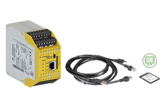 Wieland Electric Sicherheitssteuerung mit Ethernet-Port, Anschlussklemmen, Konfigurationskabel und Speicherkarte-Symbol, für SPS 2025.