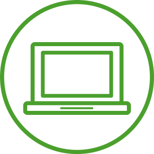 Grünes Laptop-Icon symbolisiert Online-Tool selos PLAN für Reihenklemmen, schnelle Planung und Bestellung.