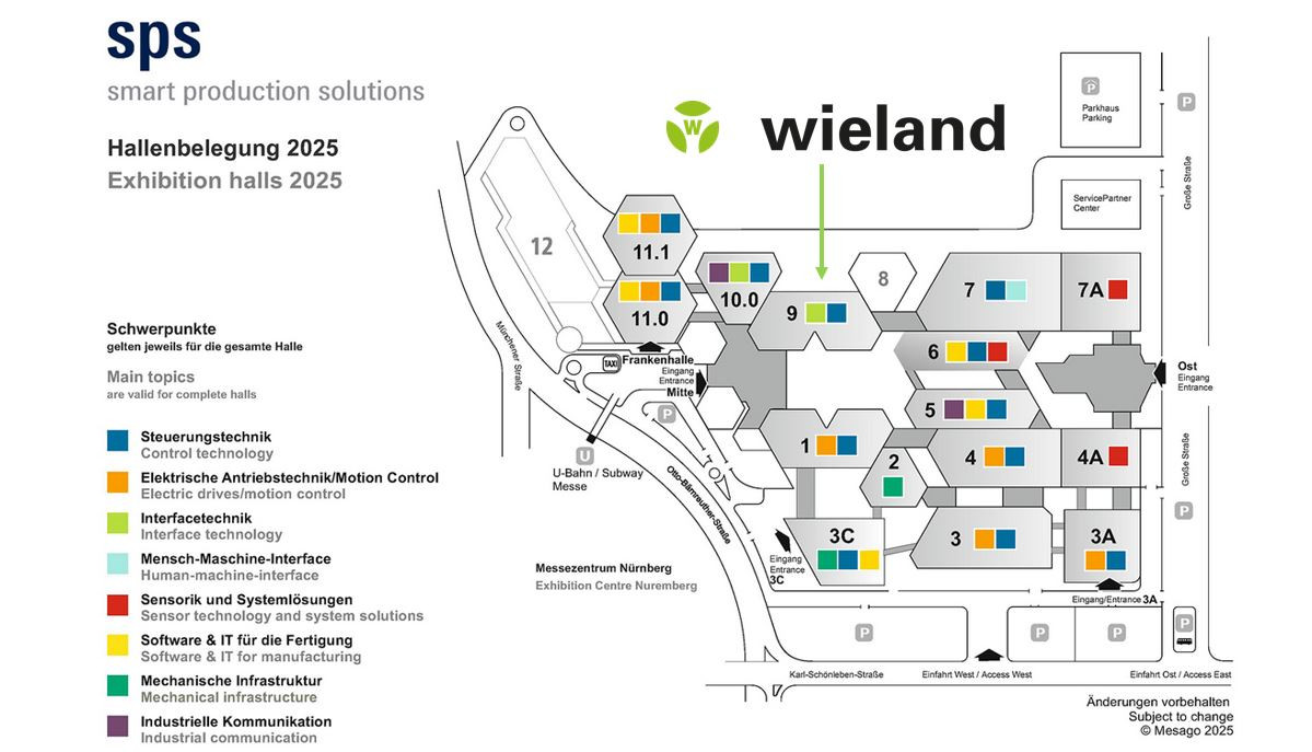 SPS 2025 Messehallenplan mit hervorgehobenem Wieland-Standort.