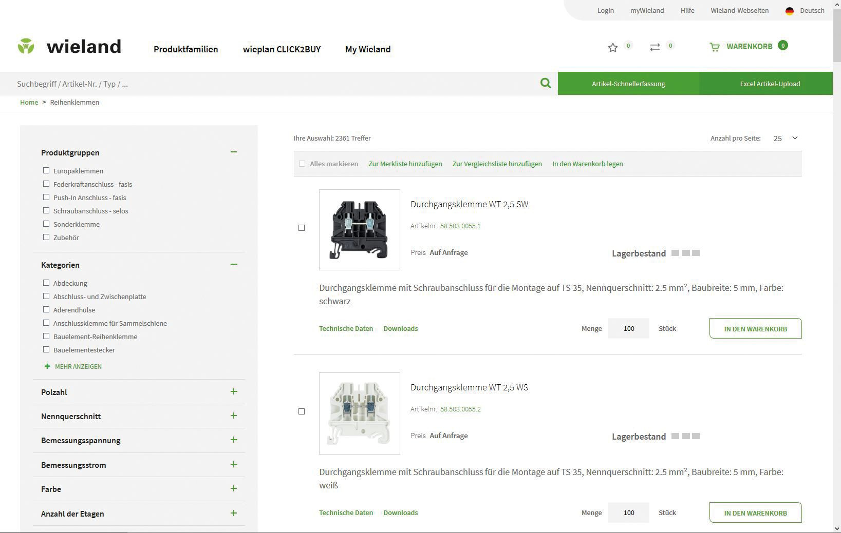 Produktliste im Wieland Shop: Reihenklemmen mit Filtern, Preis, Lagerbestand.