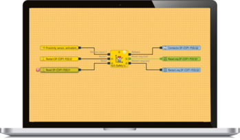 Laptop zeigt samos PLAN6 Oberfläche mit Logikbausteinen und Ein-/Ausgängen der Sicherheitssteuerung.