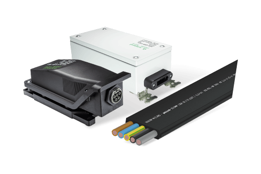 Components of the system with distributor, outlet modules and tray cable