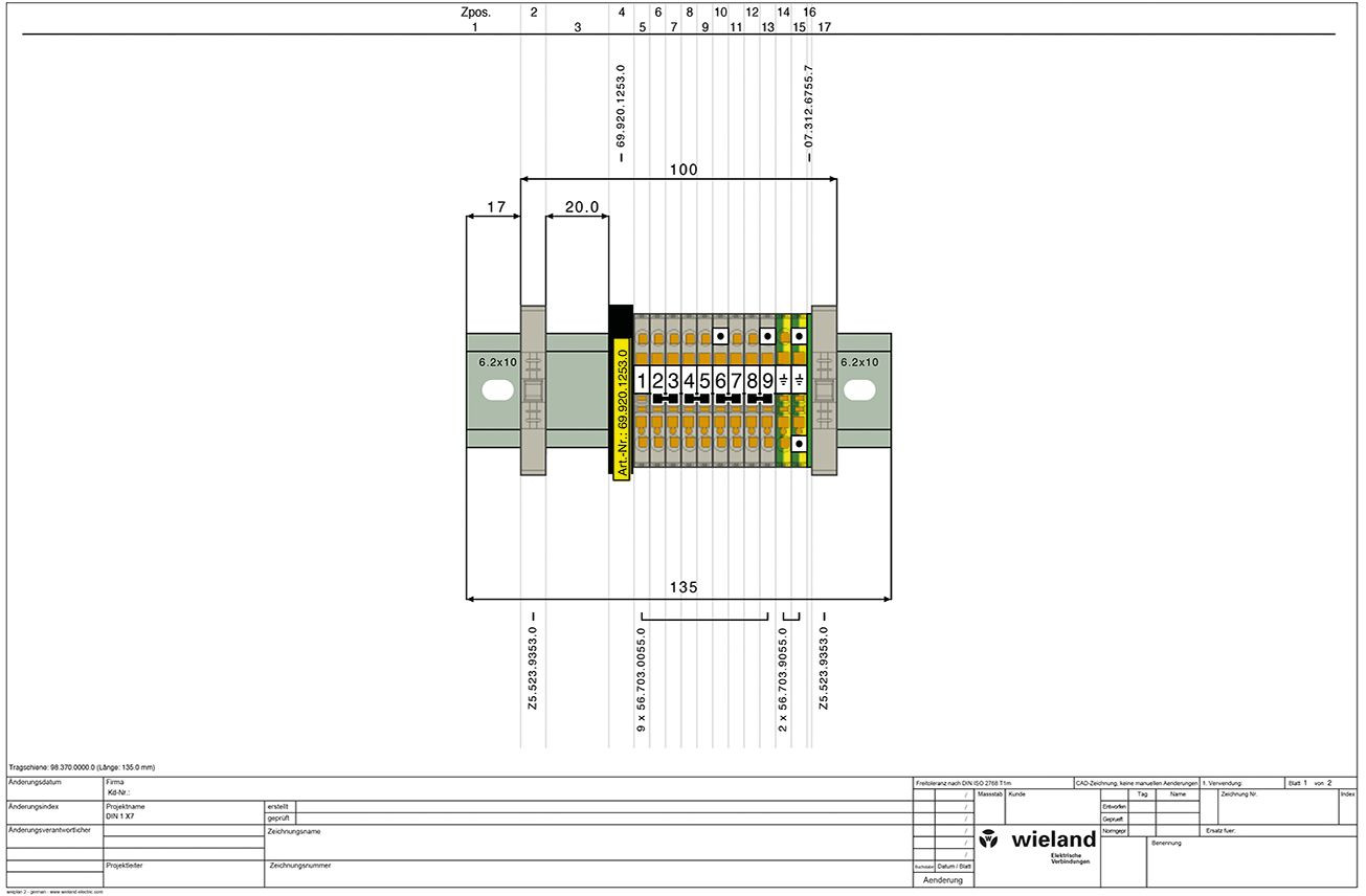 Technische Zeichnung einer konfigurierten Klemmleiste auf DIN‑Schiene mit Bemaßung, Positionsnummern sowie Wieland‑Logo.