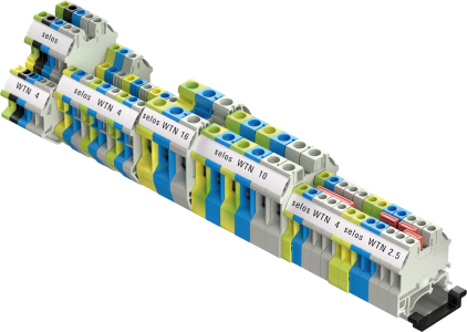 Modulare Reihenklemmen-Klemmleiste mit farbcodierten Push-in Klemmen.
